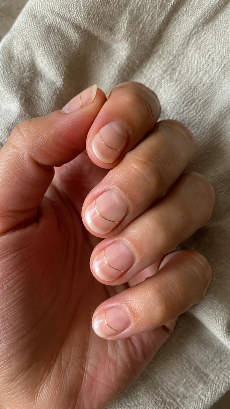 Short nude nails with minimal gold lines