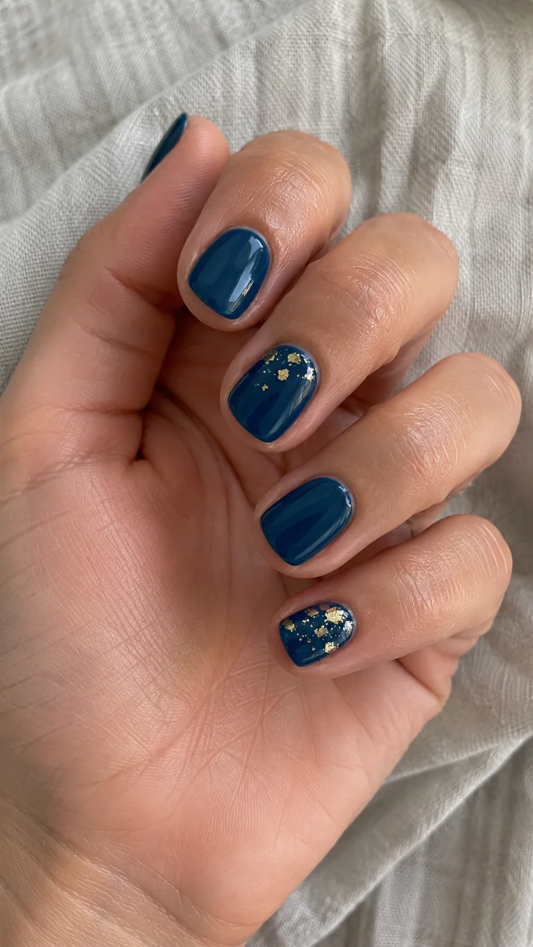 Short deep teal nails with gold foil accents