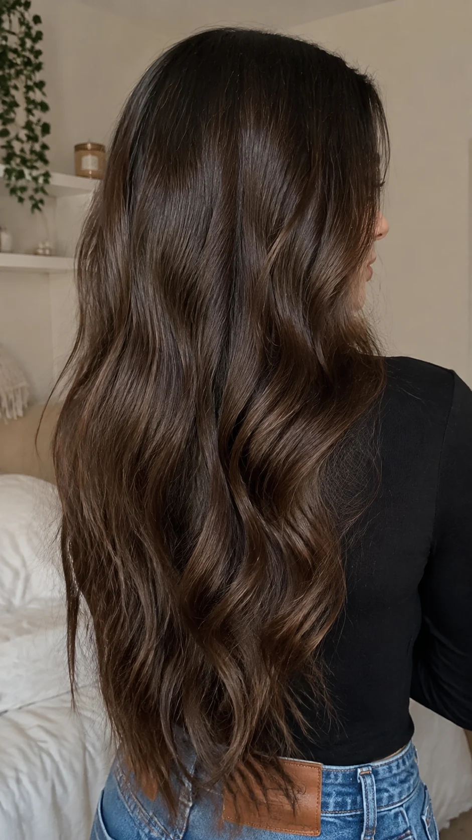 Rich chocolate brown hair color on long soft waves