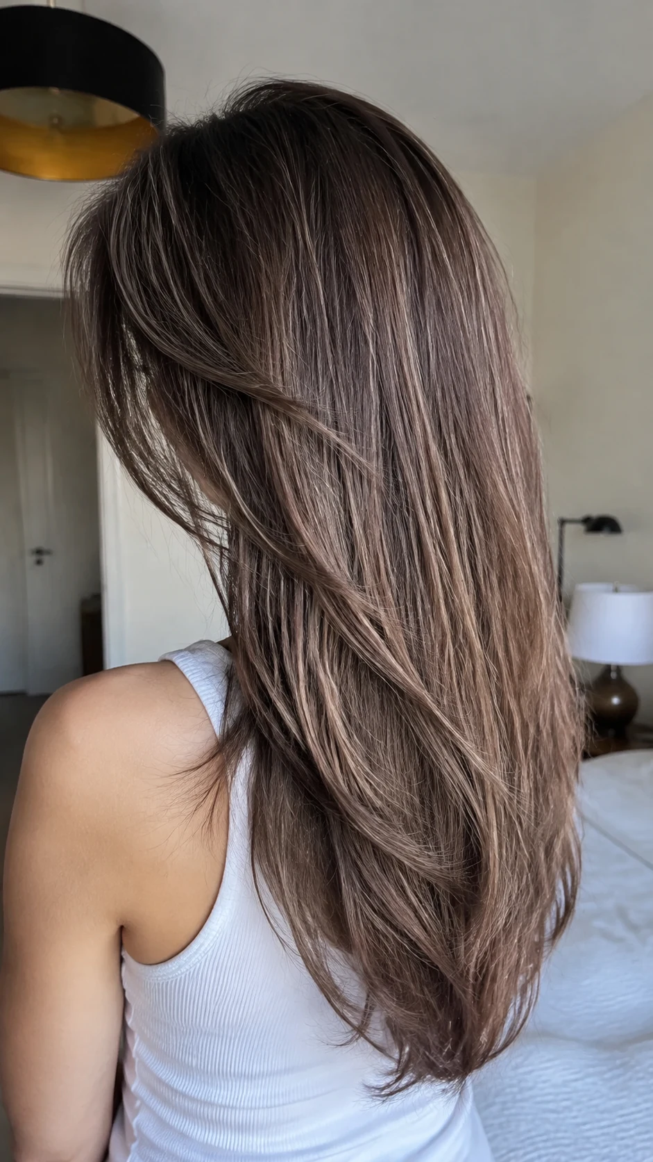 Cool mushroom brown hair color with taupe ash dimension