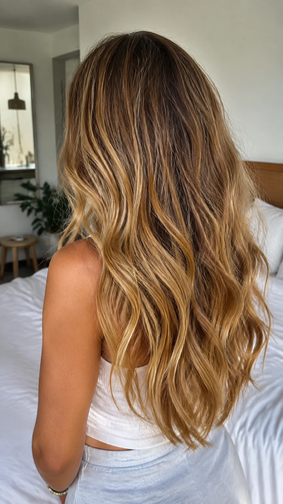 Golden honey brown hair with warm beige dimension