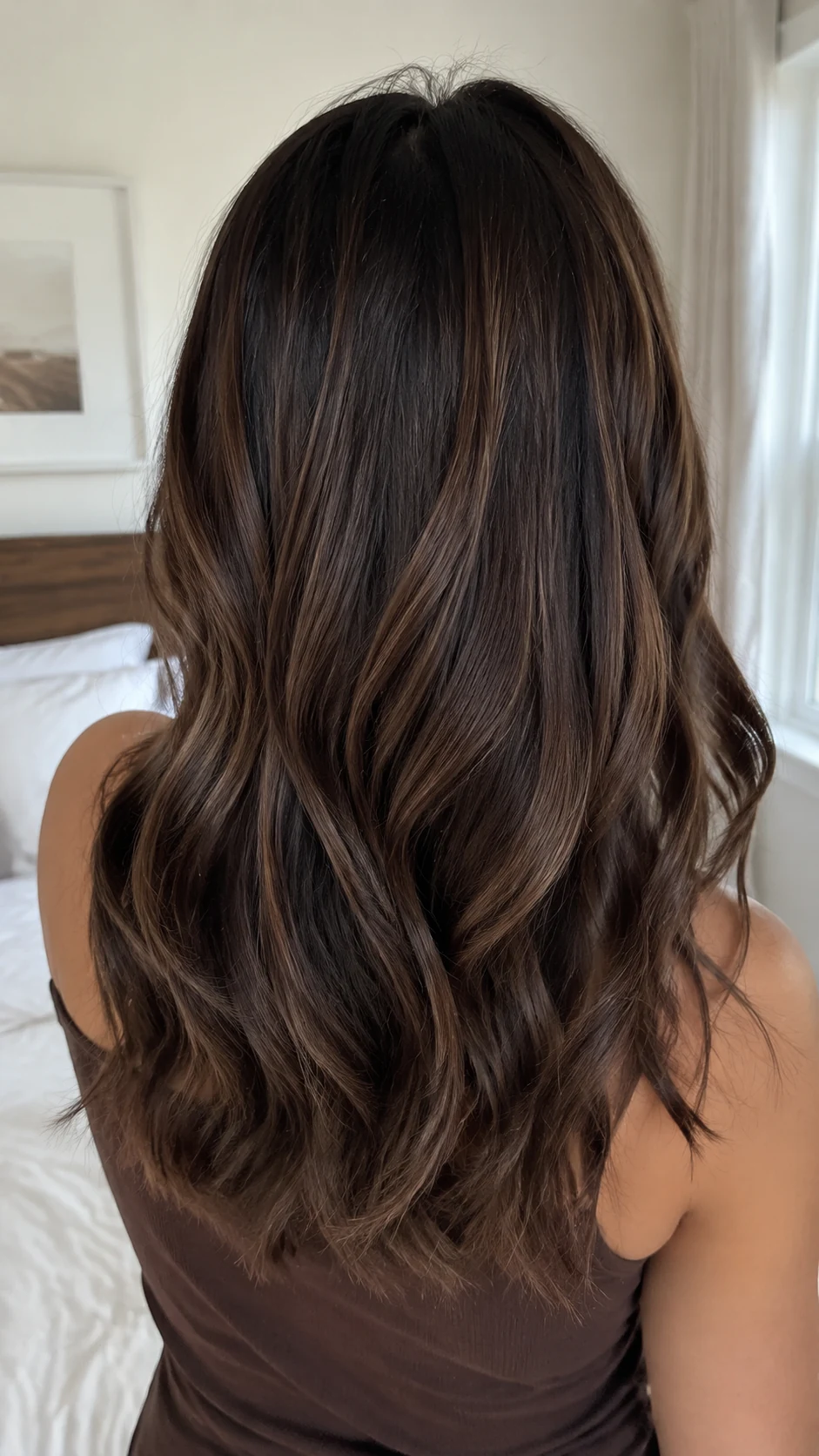 Creamy mocha brown hair color with coffee toned dimension