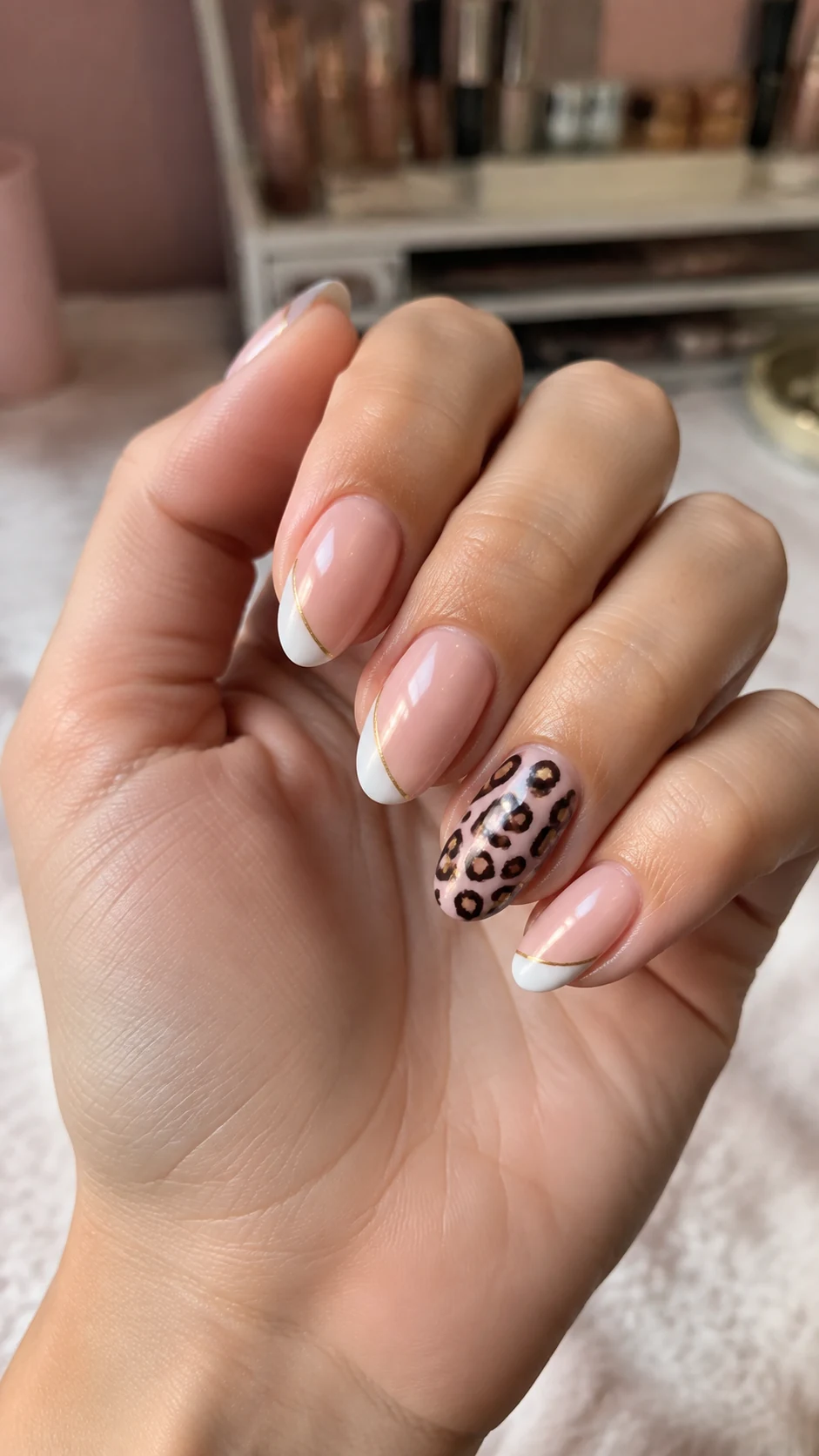 Pale pink French nails with a cheetah statement nail