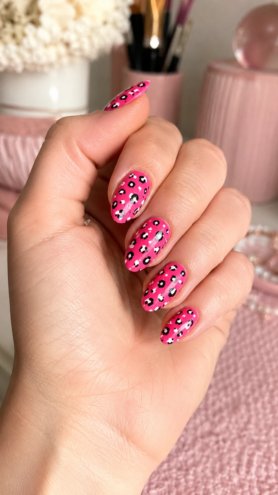 Bubblegum pink nails with playful black and white cheetah print