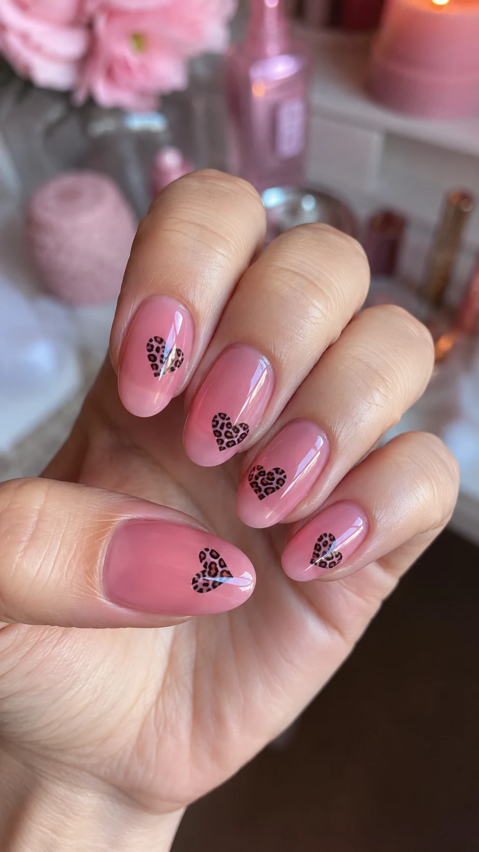 Pink jelly nails with tiny cheetah print hearts