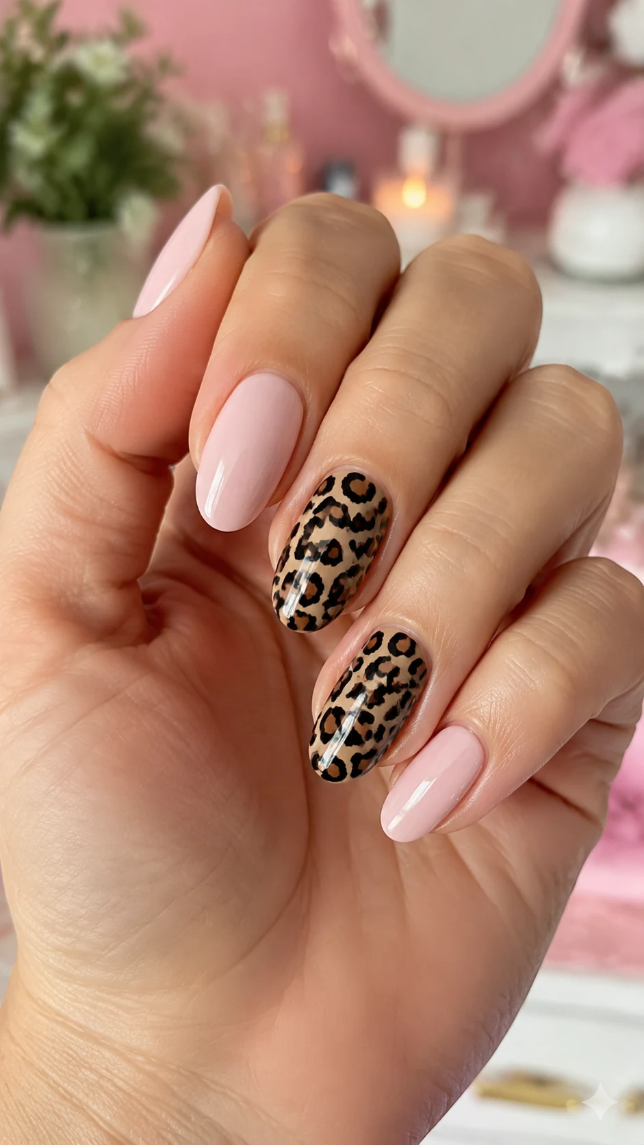 Alternating pale pink and realistic cheetah print nails