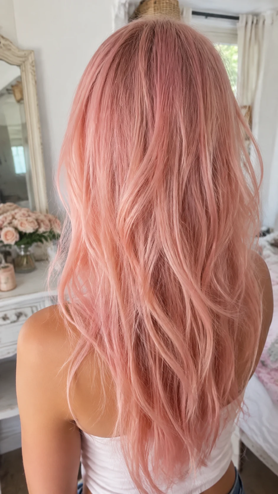 Long layered cotton candy pink hair with soft dimension