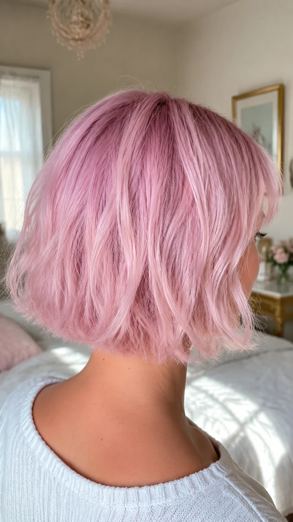 Short textured bob in glossy cotton candy pink