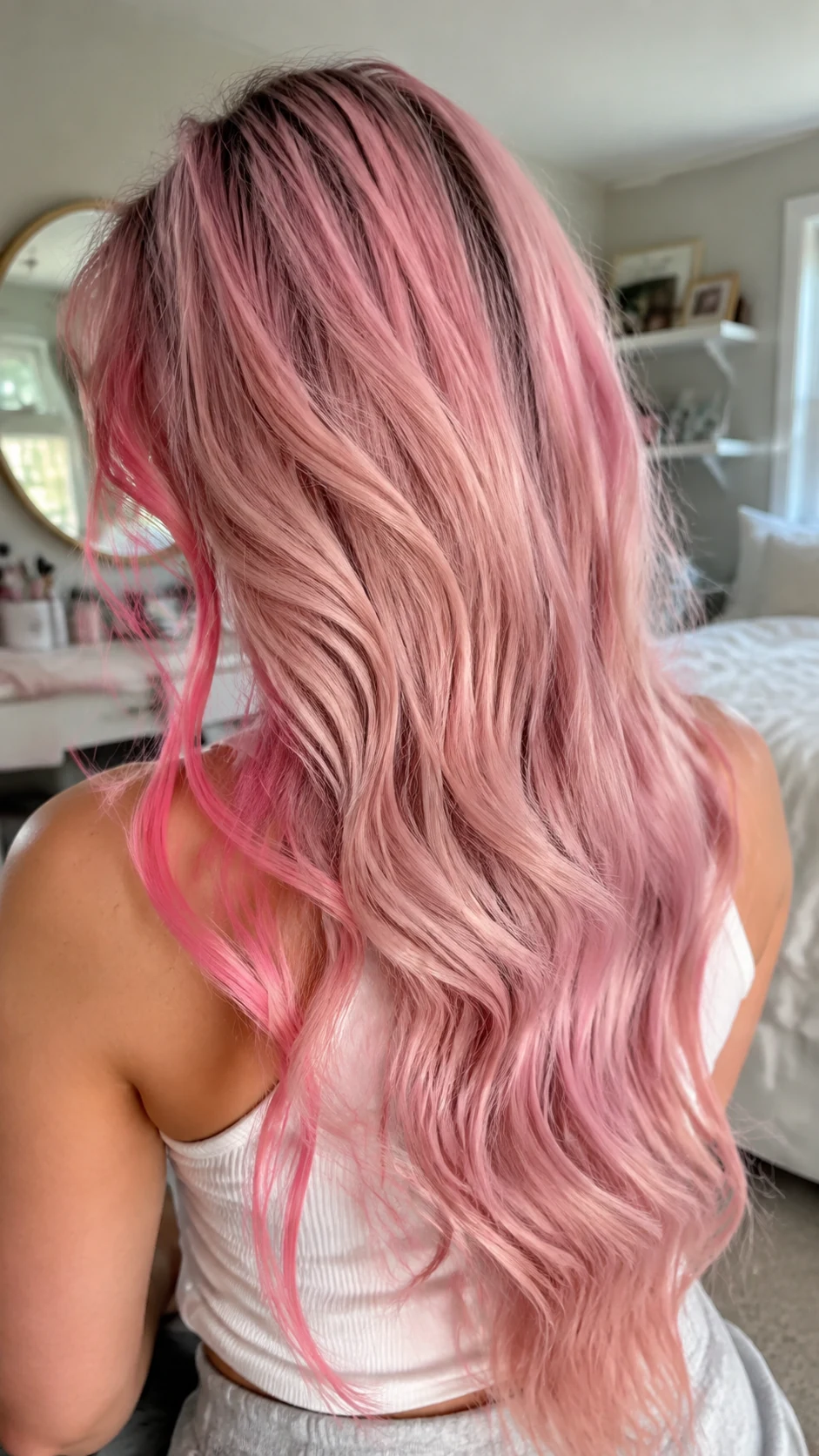 Cotton candy pink beach waves with brighter face framing ribbons