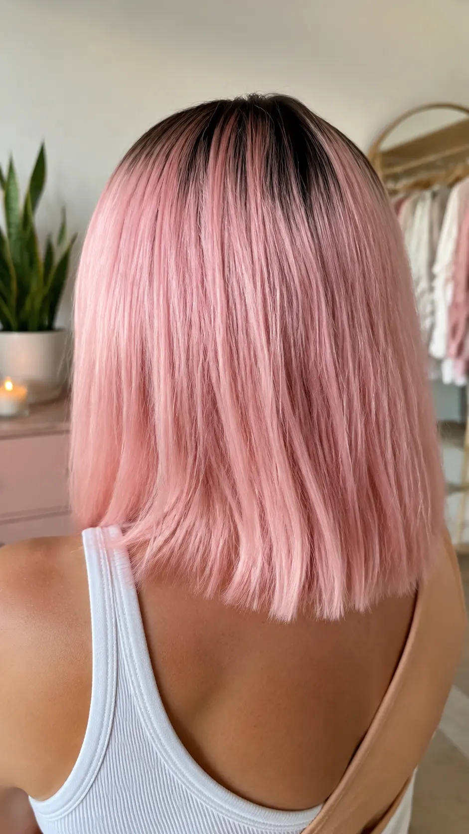 Sleek cotton candy pink lob with realistic dark shadow roots