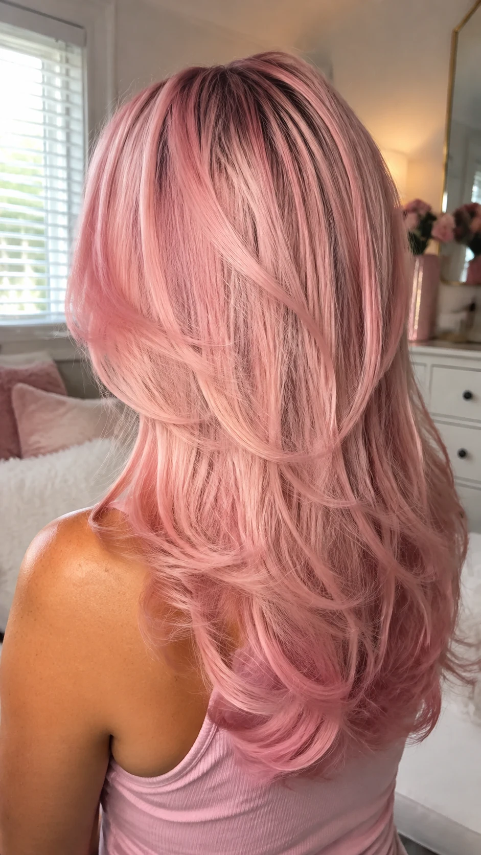 Cotton candy pink butterfly layers with a bouncy blowout
