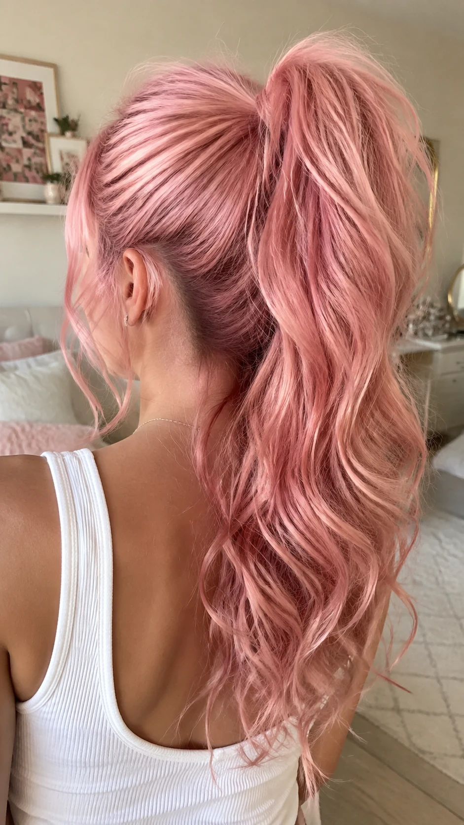 High ponytail with curled cotton candy pink hair