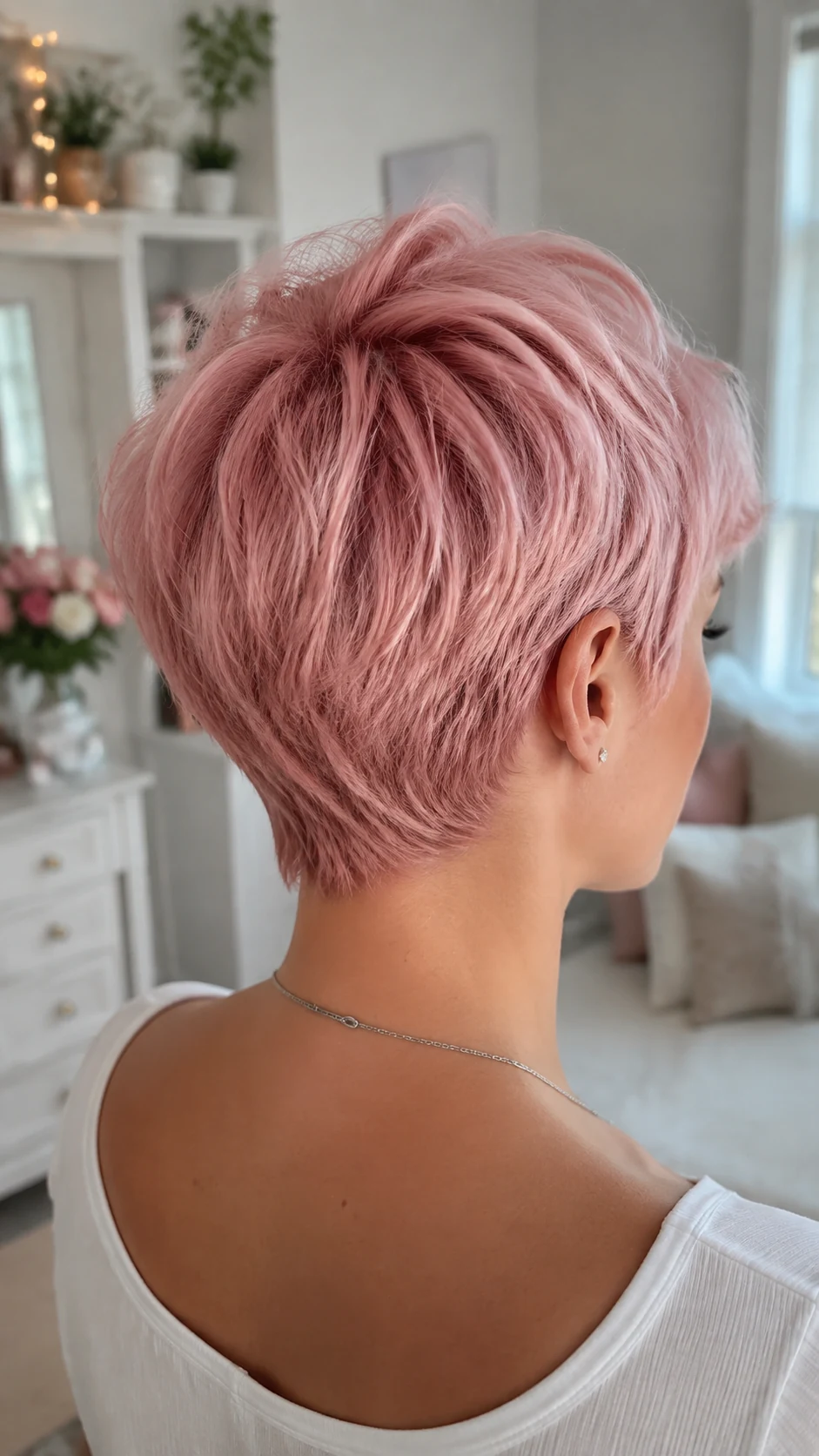 Textured cotton candy pink pixie cut with rosy roots