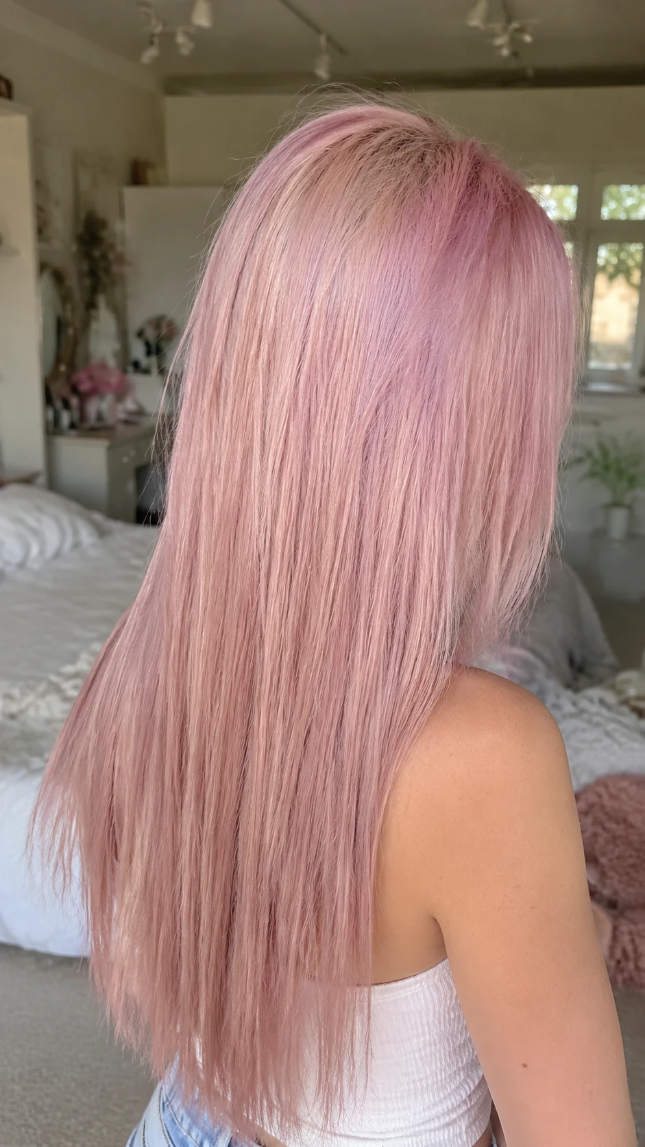 Long straight cotton candy pink hair with lavender undertones