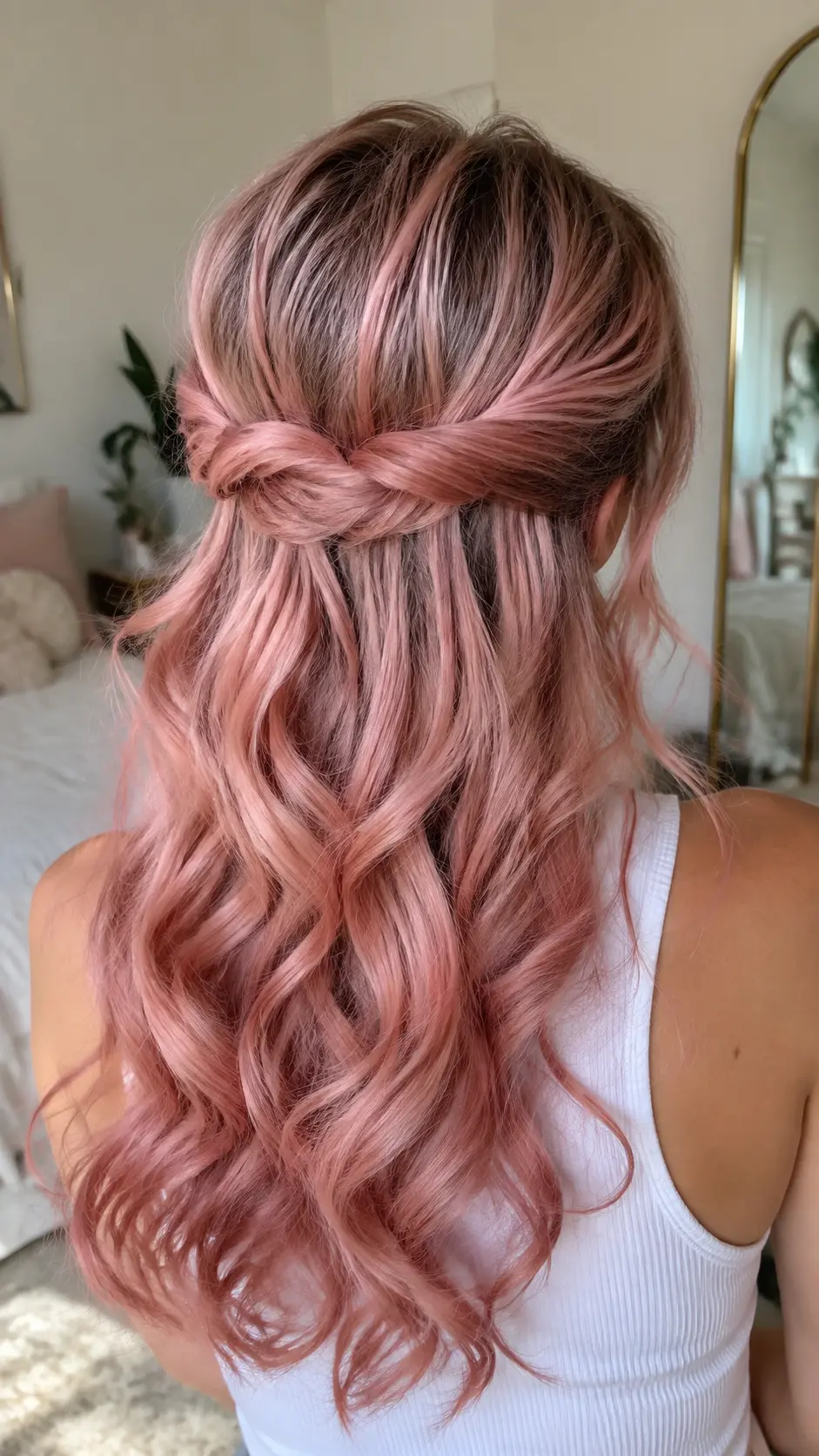 Half up curled cotton candy pink hairstyle with twisted crown