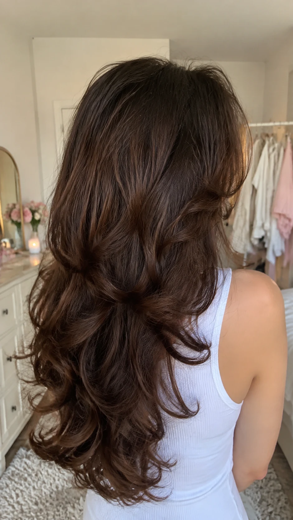 Long brunette curly butterfly haircut with loose cascading layers