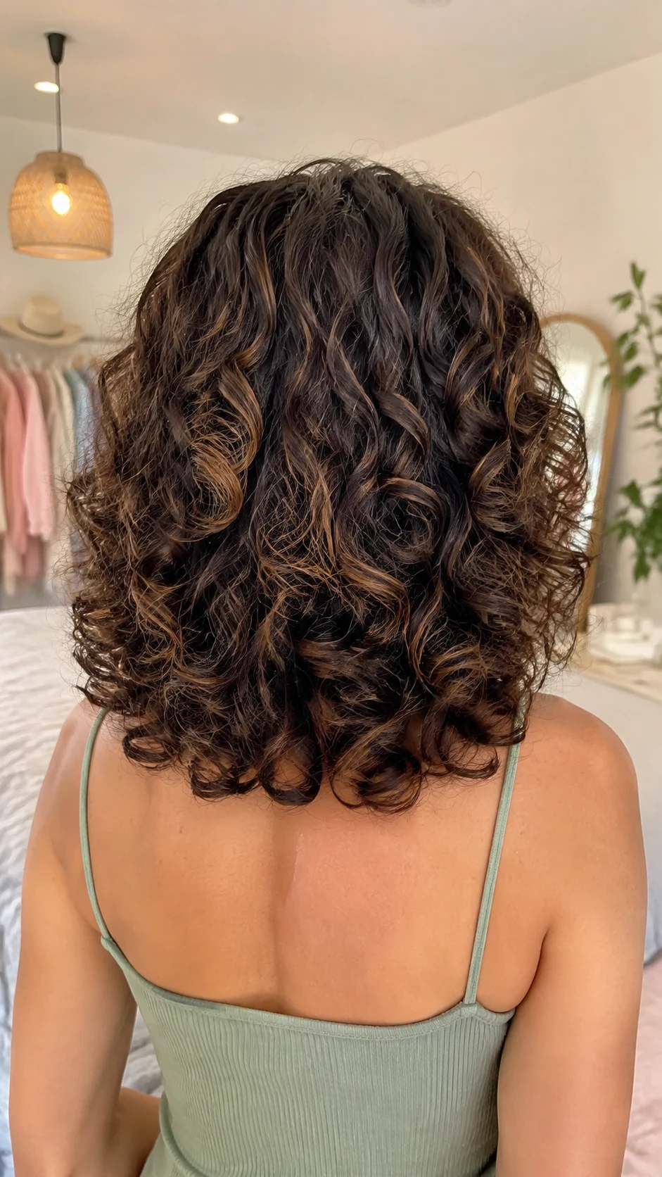 Shoulder length curly butterfly haircut with springy brunette curls
