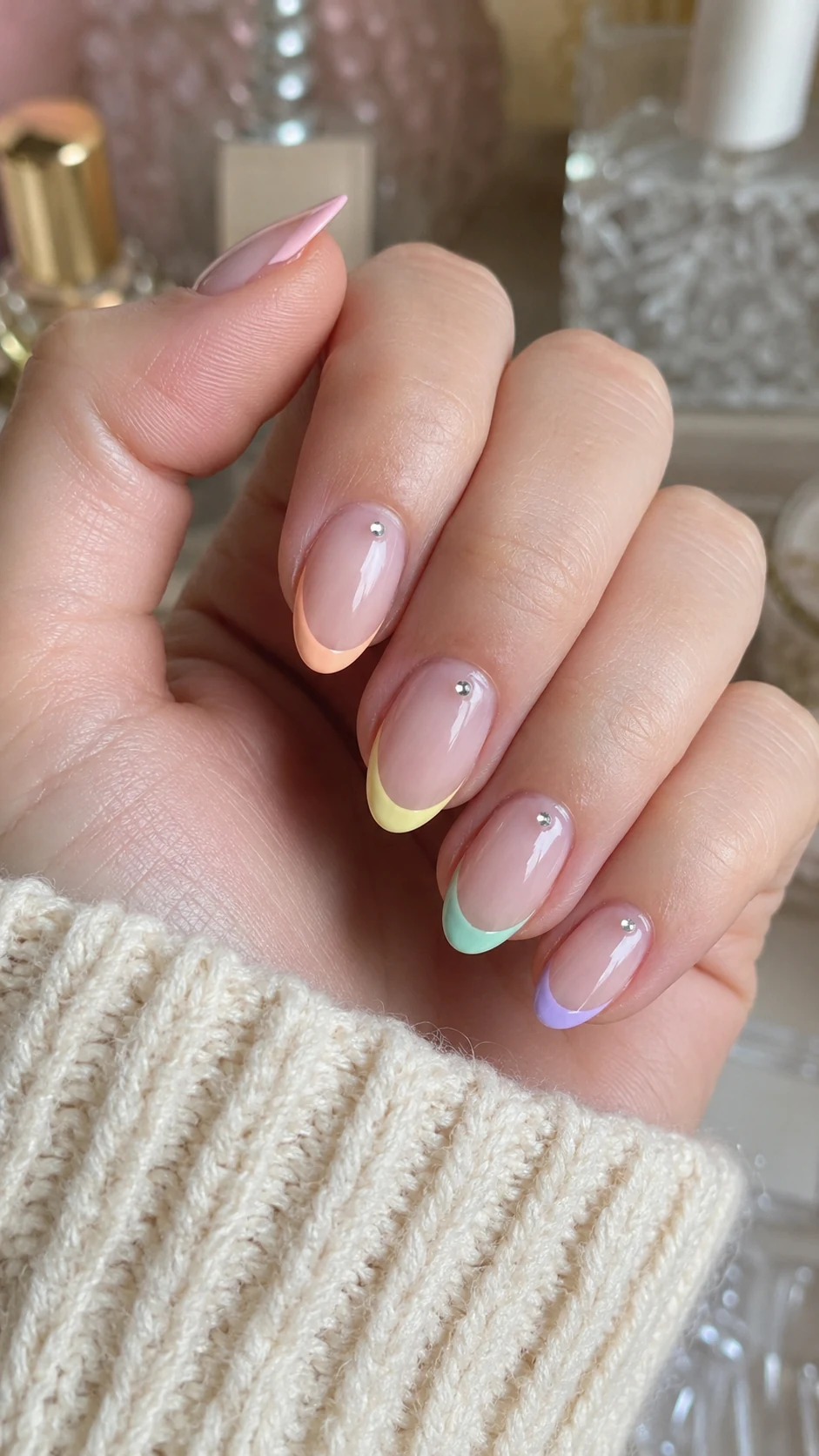 Pastel rainbow French simple Y2K nails with crystal dots