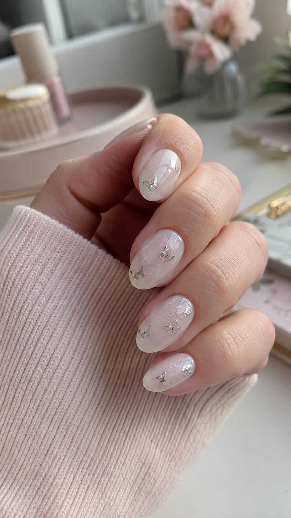 Milky white simple Y2K nails with silver butterflies