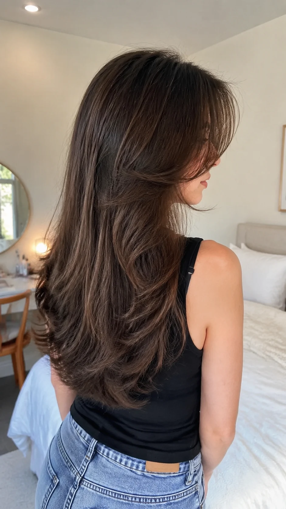 Long brunette soft butterfly haircut with blended layers