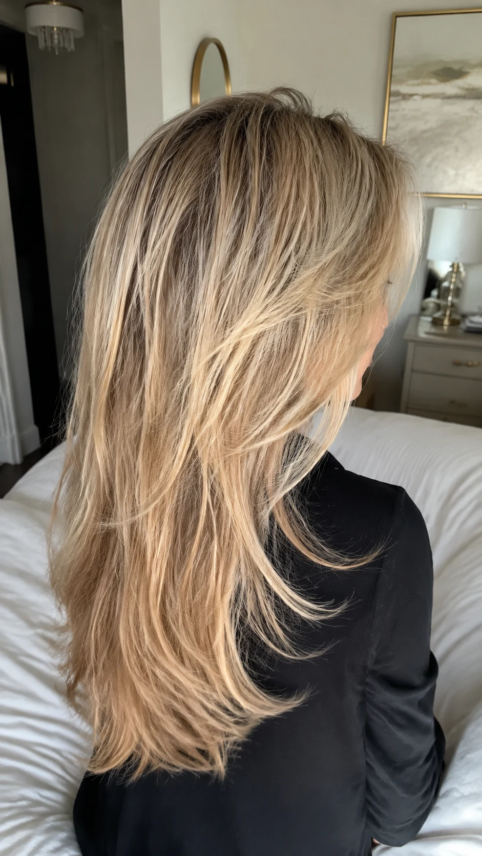 Blonde soft butterfly haircut with feathered long layers