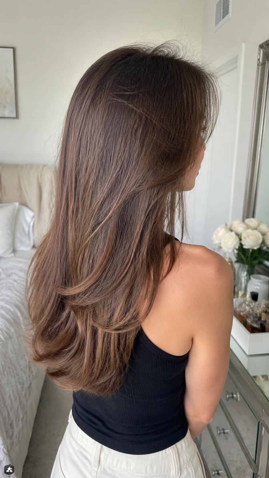 Fine straight light brown hair with a subtle soft butterfly cut