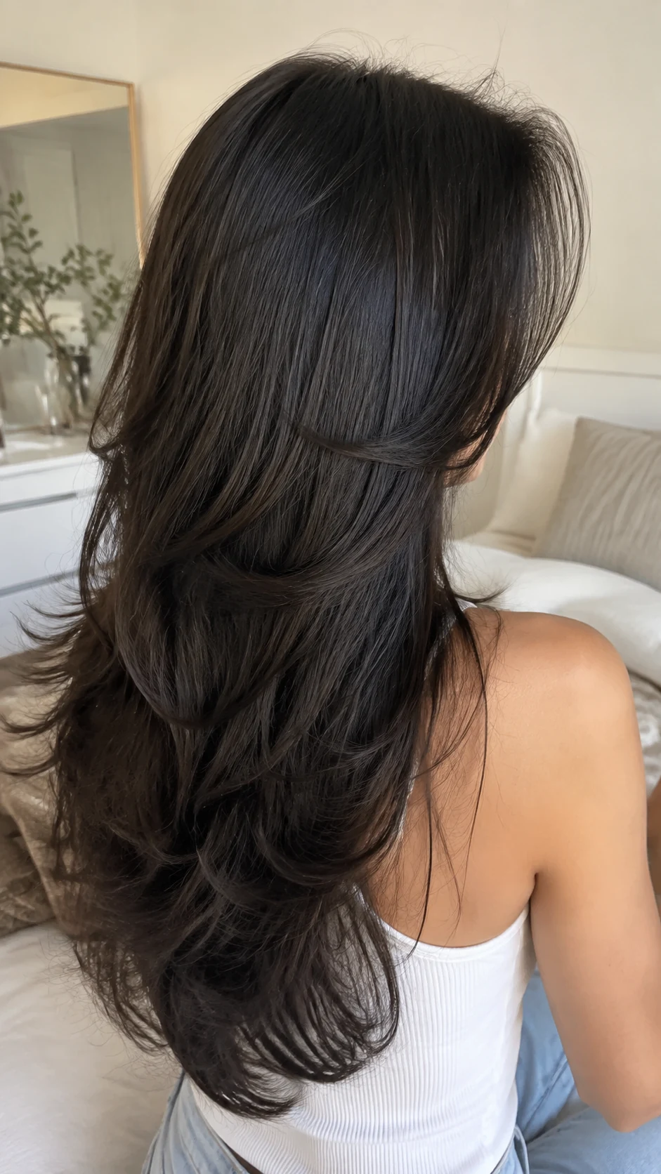 Long dark espresso soft butterfly haircut with subtle layers