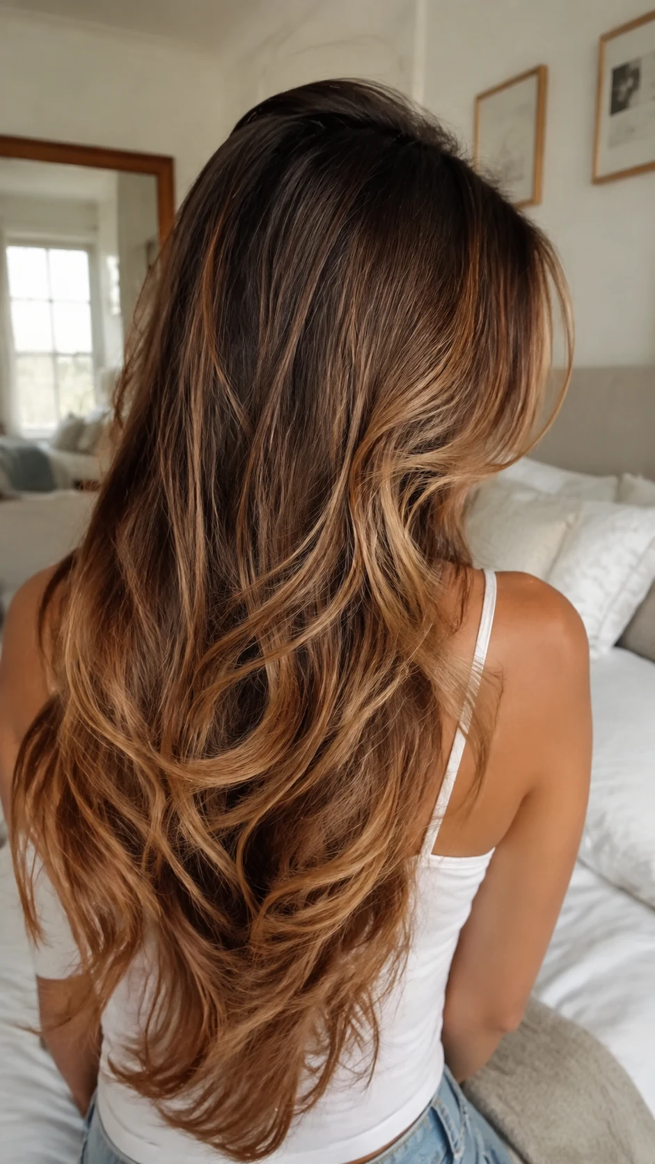 Caramel balayage soft butterfly haircut with long blended layers