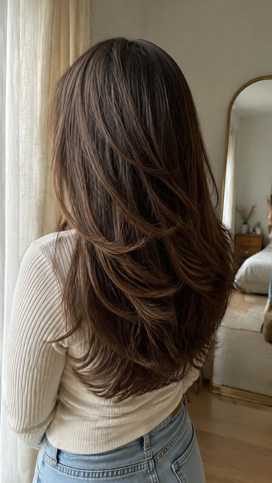 Thick warm brown hair with rounded soft butterfly layers