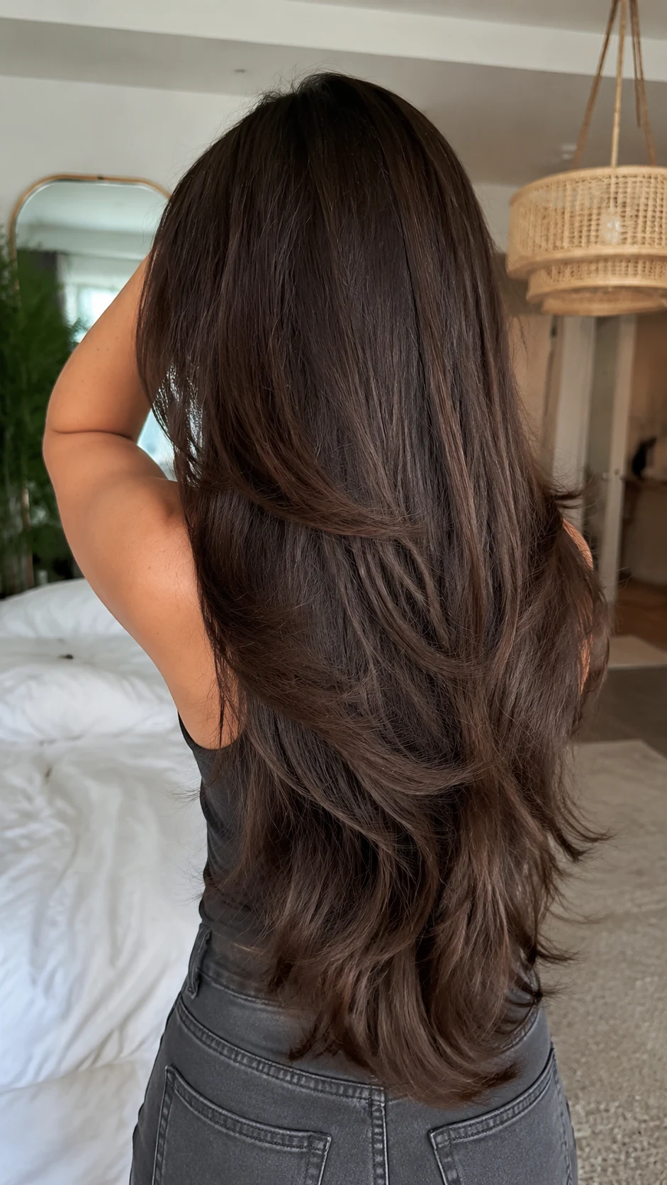 Extra long chocolate soft butterfly haircut with U shaped ends